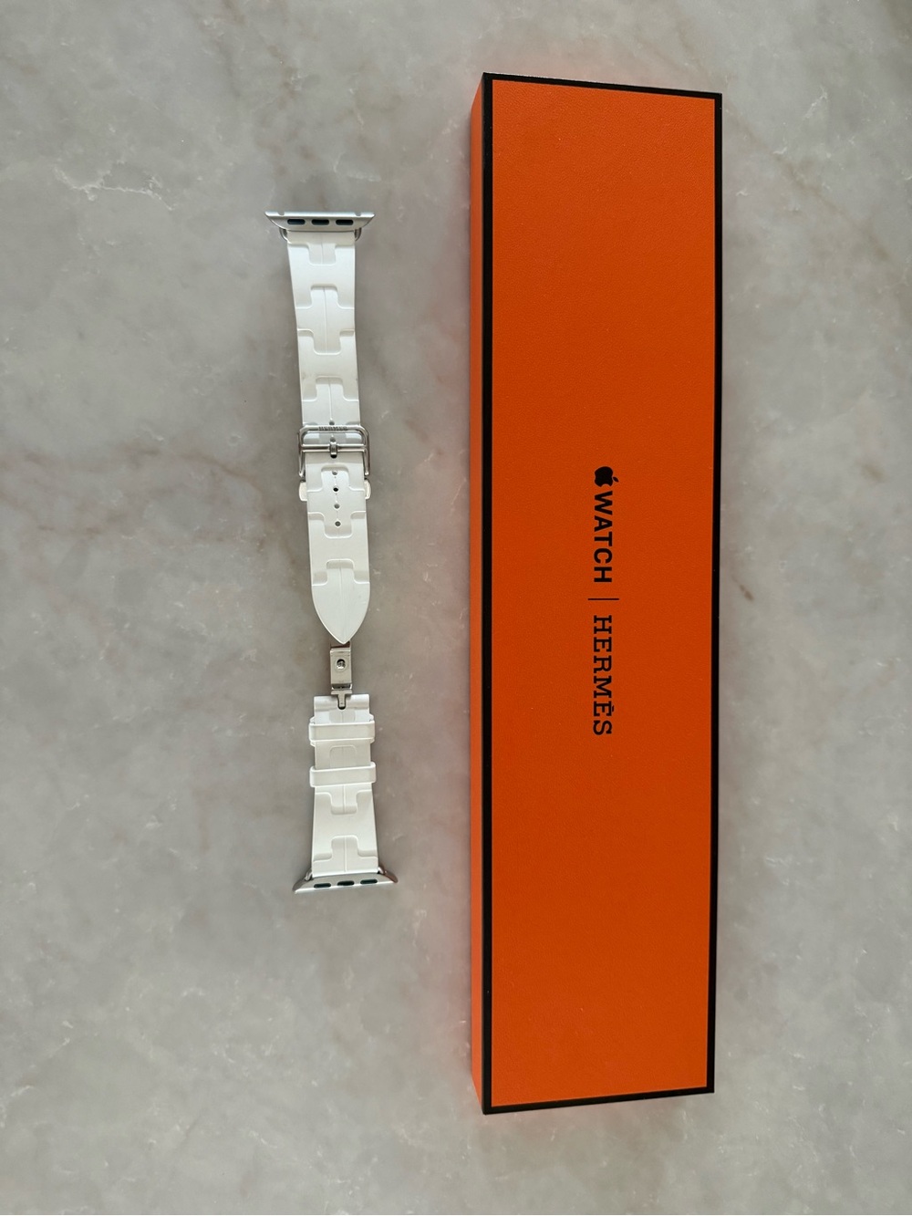 Apple Hermes White Silicone Apple Watch Strap with Silver Hardware & Orange Box